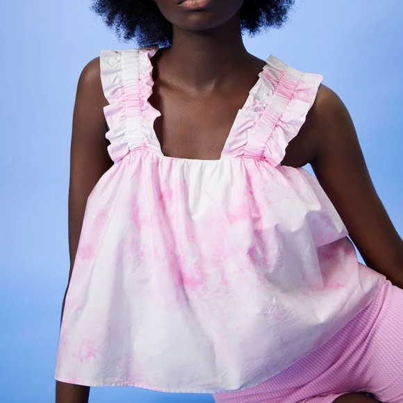 Zara Poplin Tie Dye Ruffle Shoulder Tank Top Sz M  NWT - Picture 1 of 8